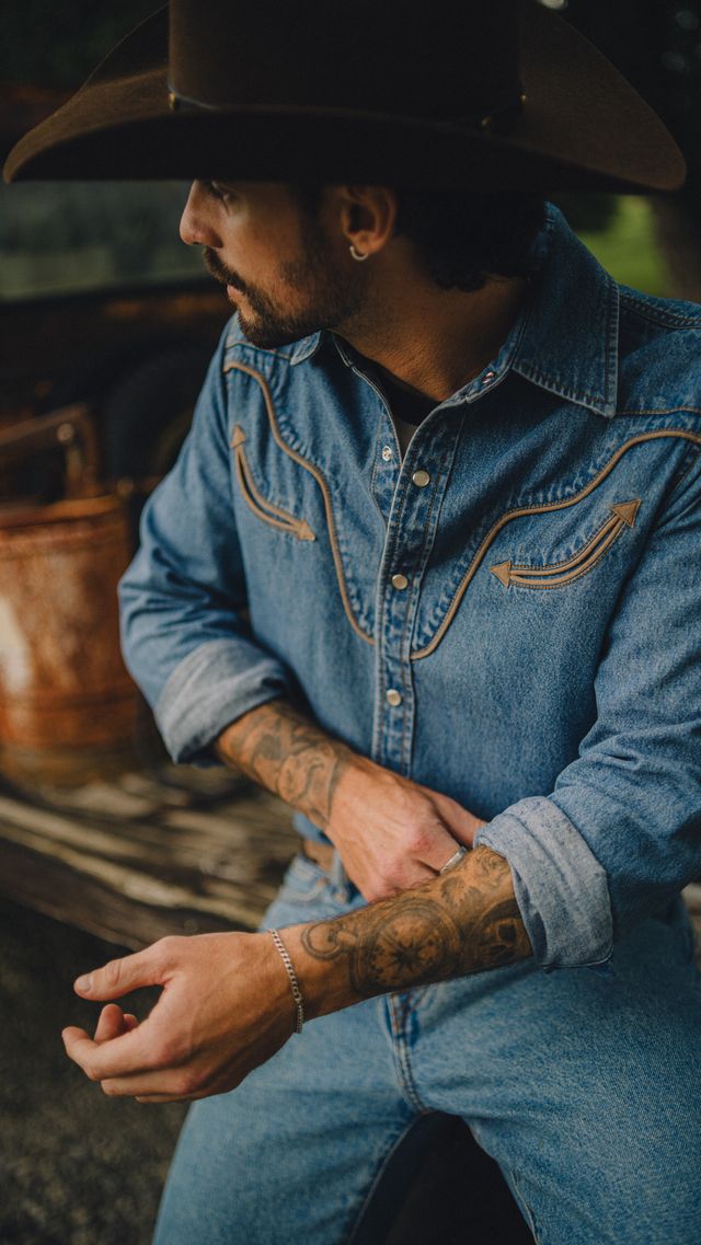 Men’s Full Length Denim Shirt Rustler Hat Co. X H Bar C